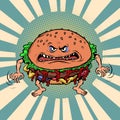 Angry hungry burger character. Emotional fast food