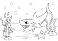 Angry hungry cartoon shark. Coloring book or page for kids. Sea life