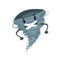Angry hurricane character. Gray tornado with little hands and mad face. Cartoon weather emoji. Flat vector element for