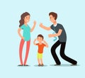 Angry husband and wife swear in presence of unhappy scared kid. Family conflict vector cartoon concept Royalty Free Stock Photo