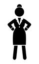 Angry irritated businesslady holding hands at waist, vector avatar, black and white logo portrait