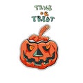 Angry Jack o Lantern. Cute Halloween character sticker. Vector illustration of pumpkin. Text Trick or treat