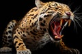 an angry jaguar with its mouth open on a black background