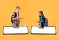 Angry Kids Having Quarrel Standing On Smartphones Screens, Orange Background