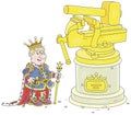 Angry king at a monument to a vise and a hammer
