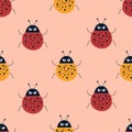 Angry ladybugs hand drawn vector illustration. Funny insect character in flat style. Ladybirds seamless pattern.