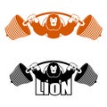 Angry Leo strong athlete. Barbell and Aggressive big beast. Lion Royalty Free Stock Photo