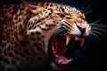 an angry leopard with its mouth open on a dark background