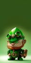 Angry Leprechaun Character Standing On Shiny Green Background And Copy Space. St Patricks Day Concept