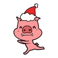 angry line drawing of a pig wearing santa hat