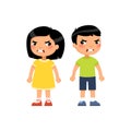 Angry little boy and girl flat vector illustration. Furious asian children quarrel, aggressive kids arguing cartoon characters. Royalty Free Stock Photo