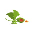 Angry little dragon breathing fire. Green fairy tale creature with large wings and long tail. Cartoon flat vector design Royalty Free Stock Photo