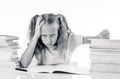 Angry little girl with a negative attitude towards studies and school after studying too much and having too many homework in Royalty Free Stock Photo