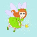 Angry little tooth fairy in a green dress with wand on abstract background