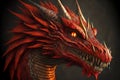 Angry look and menacing mouth of red dragons with yellow eyes