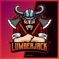 Angry lumberjack two ax esport and sport mascot logo design in modern illustration concept for team badge emblem and thirst