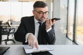 Angry mad frustrated businessman talking on phone complaining on bad service solving business corporate problem, annoyed Royalty Free Stock Photo