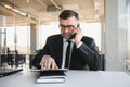 Angry mad frustrated businessman talking on phone complaining on bad service solving business corporate problem, annoyed Royalty Free Stock Photo