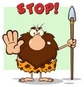 Angry Male Caveman Warrior Cartoon Mascot Character Gesturing And Standing With A Spear