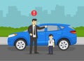 Angry male character yelling at his kid beside blue suv car on city road.Bad manners.Crying school child. Royalty Free Stock Photo