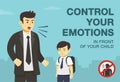 Angry male character yelling at his kid.Control your emotions in front of your child warning design.Crying school child.