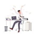 Angry male clerk sitting at desk and throwing documents. Fearful man at office. Stressful work, stress at workplace Royalty Free Stock Photo