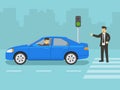 Angry male pedestrian yelling at car driver on crosswalk. Red light signal running car. Royalty Free Stock Photo