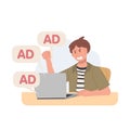 Angry man with ads notifications from laptop, internet ad , spam. Vector illustration Royalty Free Stock Photo