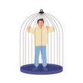 Angry man cartoon character inside bird cage holding bars and screaming yelling feeling furious Royalty Free Stock Photo