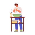 Angry man cleaning sink or washing dishes, OCD concept - flat vector illustration isolated on white background.