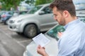 Angry man finding parking ticket fine on his car Royalty Free Stock Photo