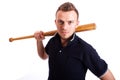 Angry man hand holding baseball bat isolated on white. Royalty Free Stock Photo