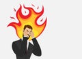 Angry man with head on fire. Stressed furious businessman with burning brain. Exhausted sick tired male manager with Royalty Free Stock Photo