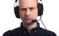 Angry man in headphones with microphone