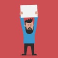 Angry man is holding a blank poster. Placard for advertising. Vector illustration in cartoon style Royalty Free Stock Photo