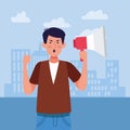 Angry man protestating holding a megaphone, colorful design Royalty Free Stock Photo