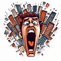 Angry Man Screaming Through City Skyline: Caricature Faces In Graphic Design Poster Art Royalty Free Stock Photo
