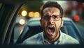 Angry man shouting while stuck in traffic, blurred white background with space for text Royalty Free Stock Photo