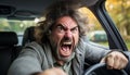 Angry man shouting in traffic while driving, blurred white background with copy space Royalty Free Stock Photo