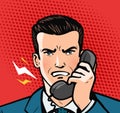 Angry man talking on the phone. Business concept. Pop art retro comic style. Cartoon vector illustration Royalty Free Stock Photo