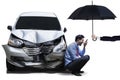 Angry man with umbrella and broken car Royalty Free Stock Photo