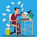 Angry Manager Siting At Table Crumples The Paper And Throwing It In Paper Basket Vector. Isolated Illustration