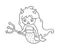 Angry mermaid with trident and devil horns. Cute cartoon character for emoji, sticker, pin, patch, badge.