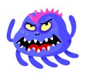 Angry Monster with Roaring Face, Sharp Teeth and Many Feet. Worm, Germ, Alien or Bacteria with Blue Body