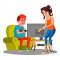 Angry Mother Cutting Wire Of Son Using Video Game Vector. Isolated Illustration