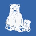 Angry mother and sad baby polar bears hand drawn with contour lines on blue background. Pair of cute funny cartoon