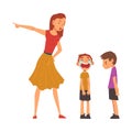 Angry Mother Scolding Her Naughty Sons, Relationships Between Kids and Parent, One Boy Crying Bitterly Vector Royalty Free Stock Photo