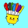 Angry Multi-colored pens character. Vector hand drawn cartoon kawaii character illustration icon. Isolated on blue