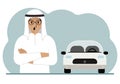 Angry muslim man next to a beautiful white car. Vector