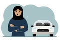 Angry muslim woman next to a beautiful white car. Vector